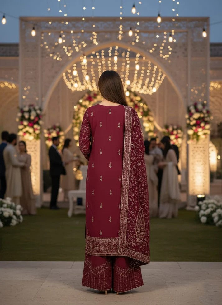 Embroidered Red Chiffon By TGM - STITCHED